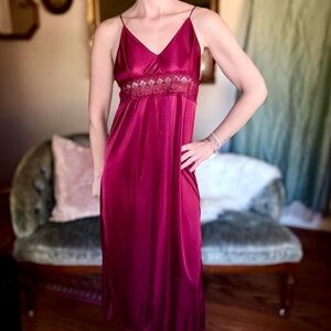 Vintage Burgundy Satin Bias Cut Slip Dress Crochet Waist Maxi XS Formal
